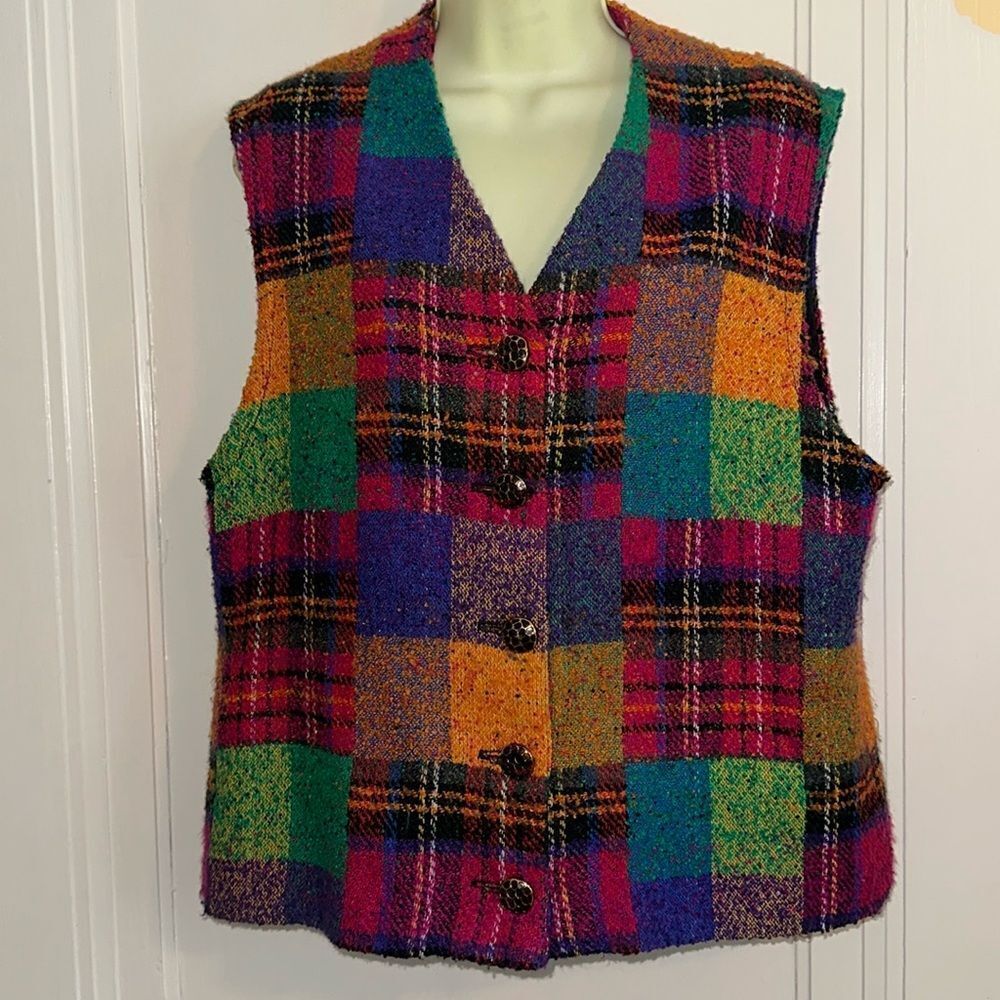 Vintage multi color block & plaid thick nubby wool look vest‎